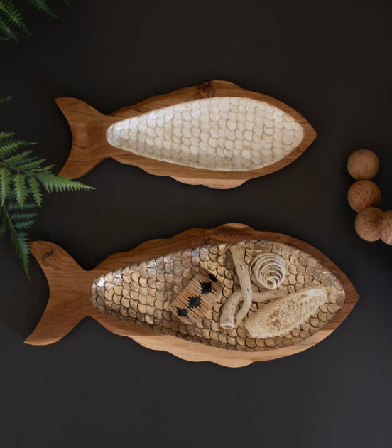 Set of 2 Carved Teak Fish with Capiz Detail